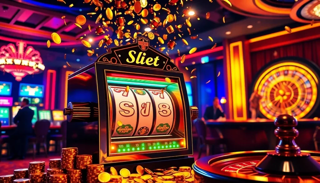 Player enjoying the s8 slot machine in a luxurious casino setting, surrounded by vibrant elements.