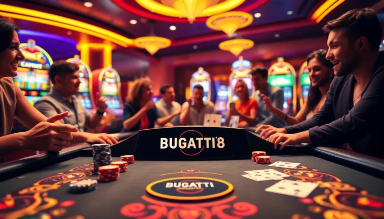 Experience the thrill of Bugatti8 as players engage with vibrant casino games on a luxury gambling table.
