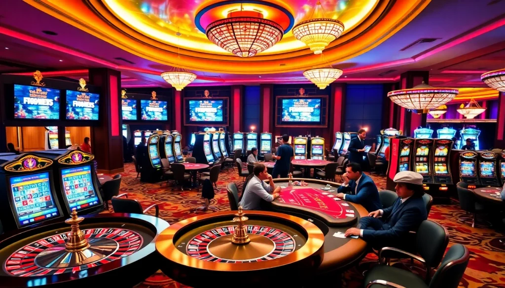 Exciting gambling scene at f168.news casino with vibrant tables, cards, and players.