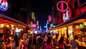 Experience 베트남밤문화 in a vibrant nightlife scene with colorful bars and bustling crowds.
