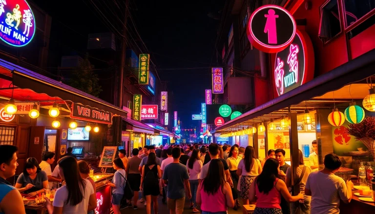 Experience 베트남밤문화 in a vibrant nightlife scene with colorful bars and bustling crowds.
