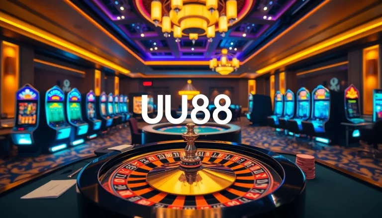 Experience thrilling gameplay at UU88 with vibrant casino tables, roulette wheels, and poker chips.