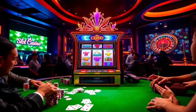 Situs Slot Gacor featuring vibrant slot machines and exciting gameplay in a luxurious casino atmosphere.