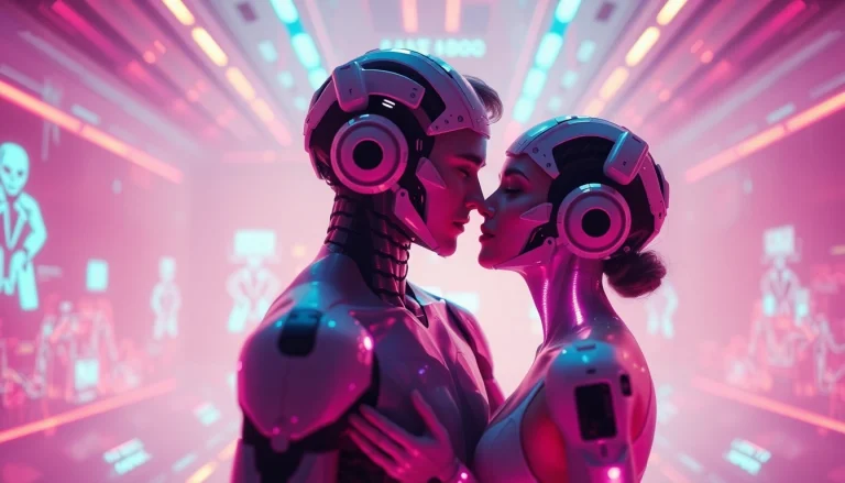 Immersive interaction of AI avatars in a futuristic digital landscape themed around porn ai