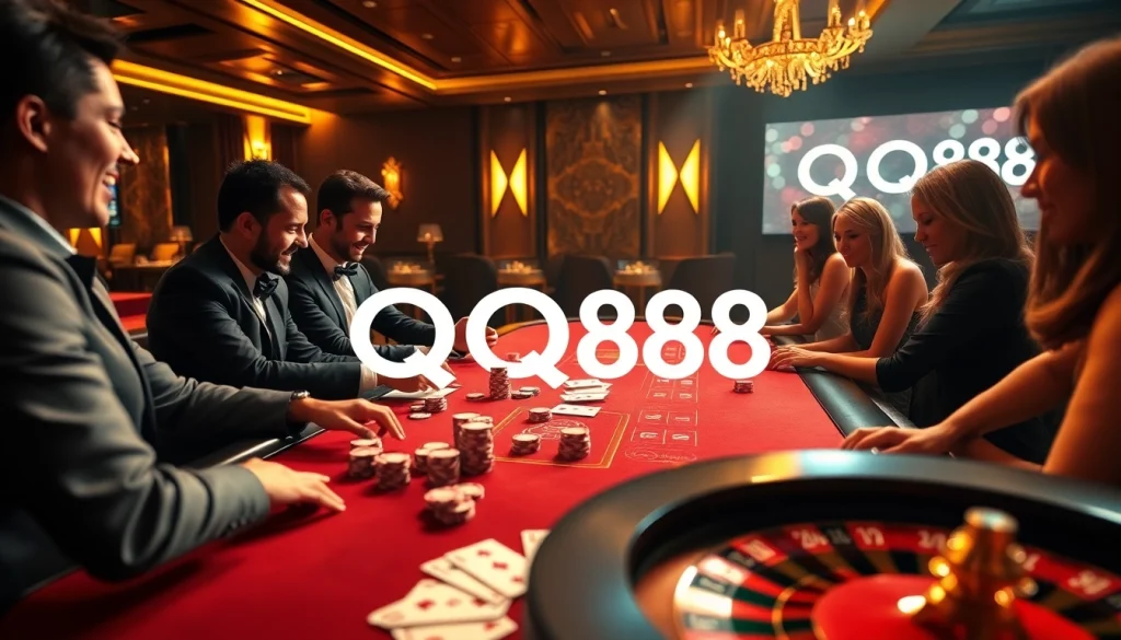 Exciting casino gameplay at QQ88 with engaged players, poker chips, and vibrant ambiance.