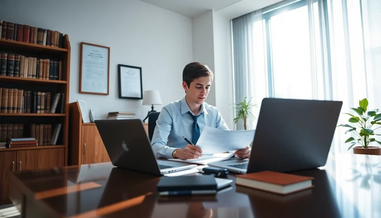 Sworn translation services in a professional setting with a translator at work.