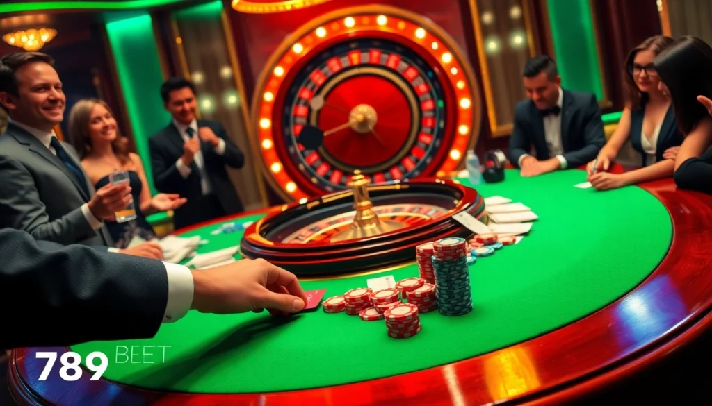 Exciting moment at 789bet casino with players betting at a luxurious table surrounded by chips and cards.