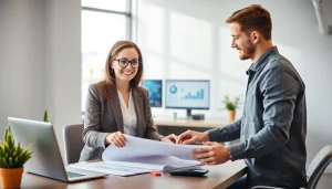 Biuro księgowe dla firmy budowlanej z profesjonalnym księgowym wspierającym klienta w nowoczesnym biurze