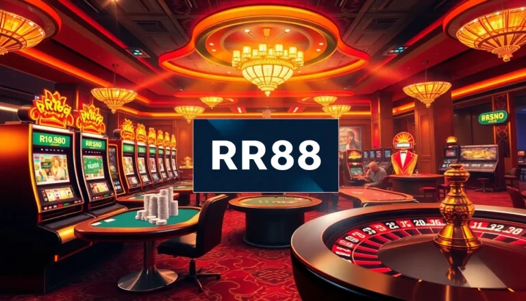 Engaging gamblers at RR88 with vibrant casino games, slot machines, and poker tables in a luxurious setting.