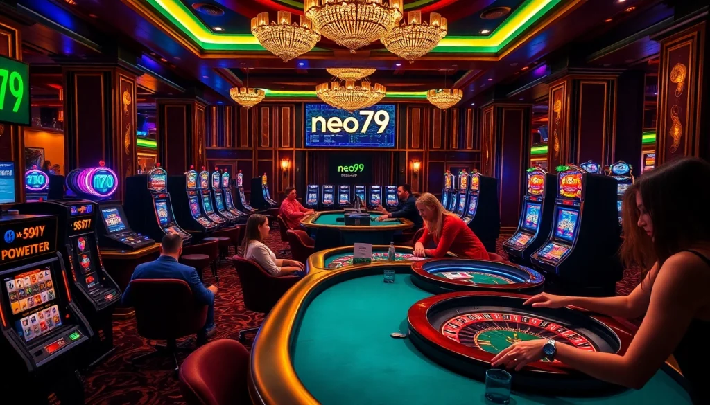 Excited players engaging in poker and roulette at Neo79's luxurious casino setting.