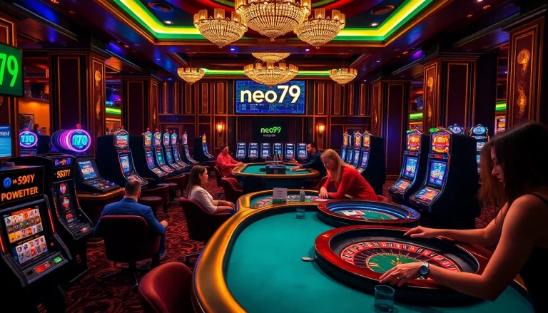Excited players engaging in poker and roulette at Neo79's luxurious casino setting.
