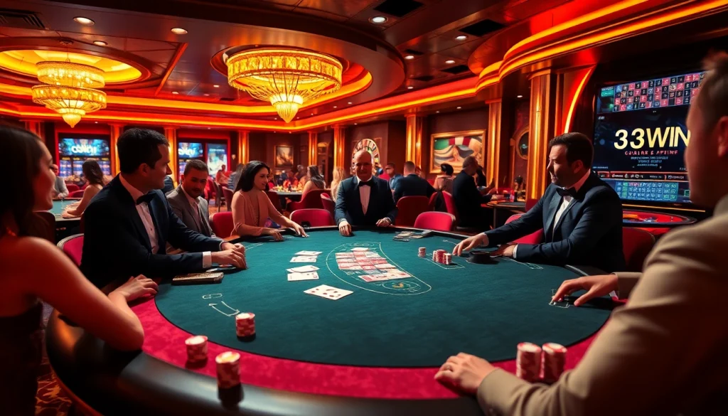 33WIN poker chips and cards sparkle on a luxury casino table during an exciting game night.