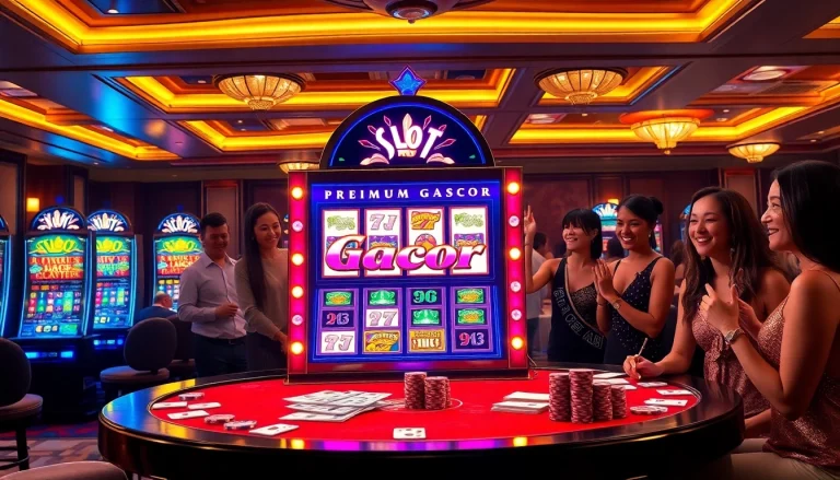 Engaged players enjoying Slot Gacor at a luxurious casino, highlighting excitement.