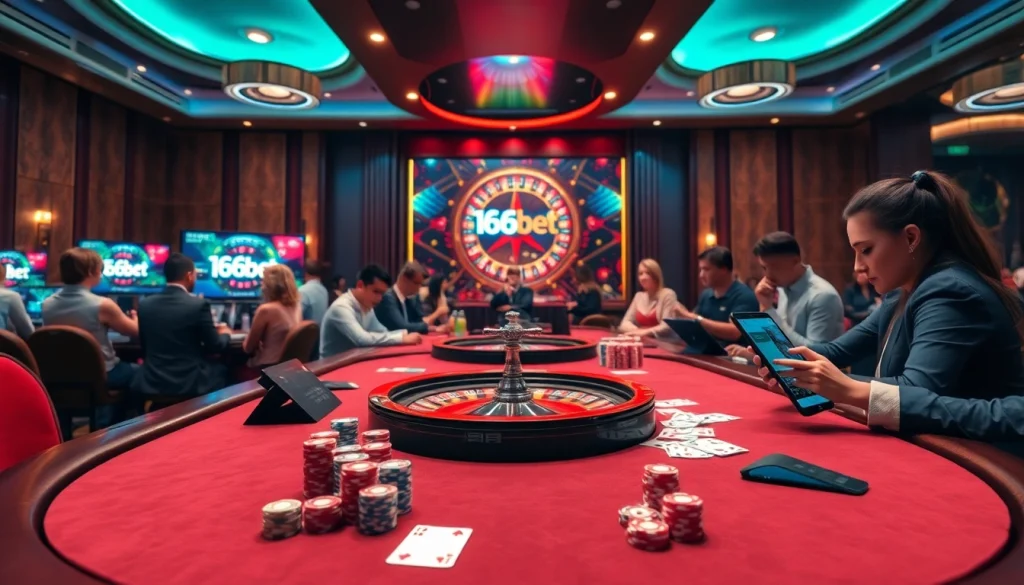 Engaged players using the 166bet App amidst a lively casino atmosphere filled with games and excitement.