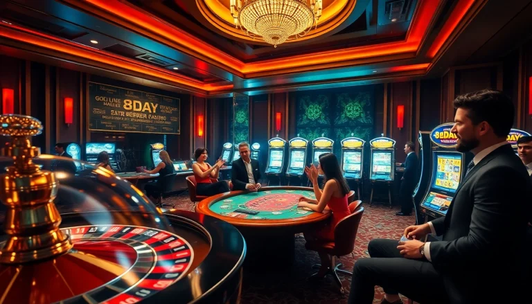 Players at the 8DAY casino showing excitement while betting at roulette and poker tables.