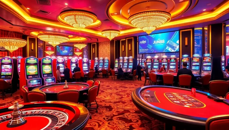 Experience the excitement of Jun88 casino with vibrant gaming tables and engaging players in action.