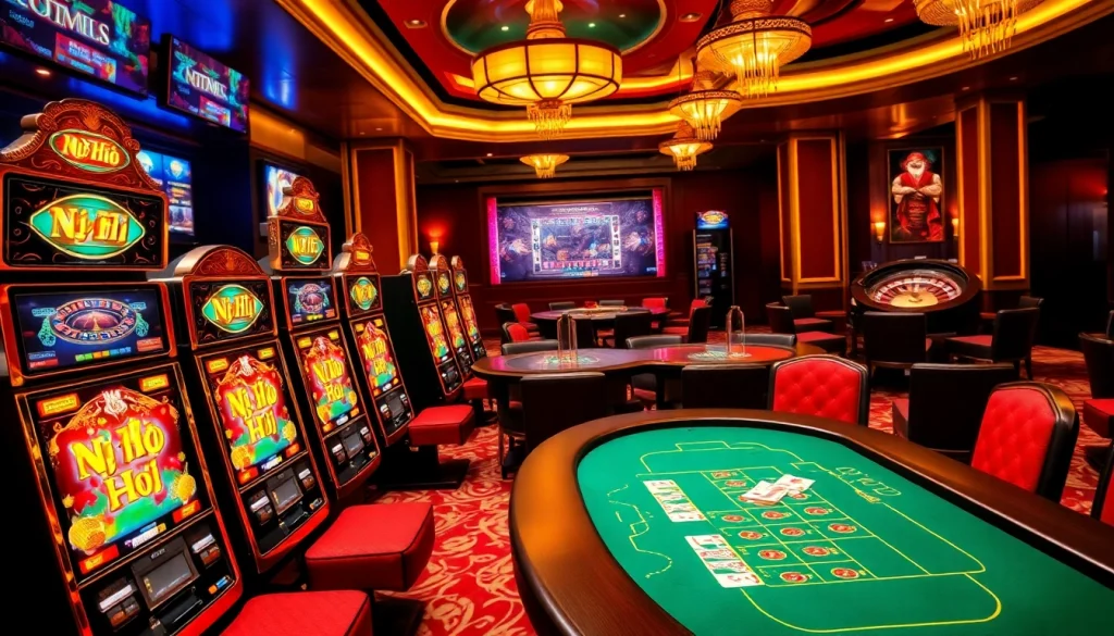 Nổ Hũ slot machines with vibrant displays in a luxurious casino setting.