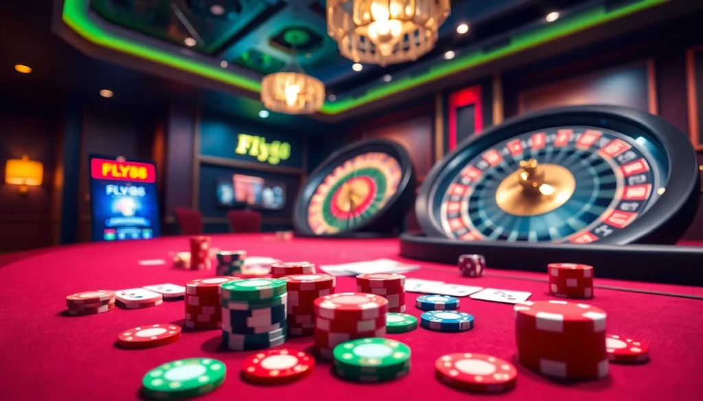 Experience FLY88 excitement at a luxurious casino table with colorful chips and cards.