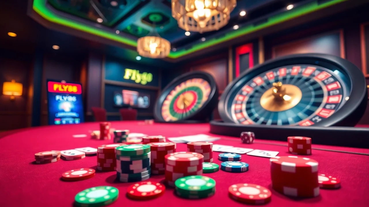 Experience FLY88 excitement at a luxurious casino table with colorful chips and cards.