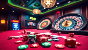 Experience FLY88 excitement at a luxurious casino table with colorful chips and cards.