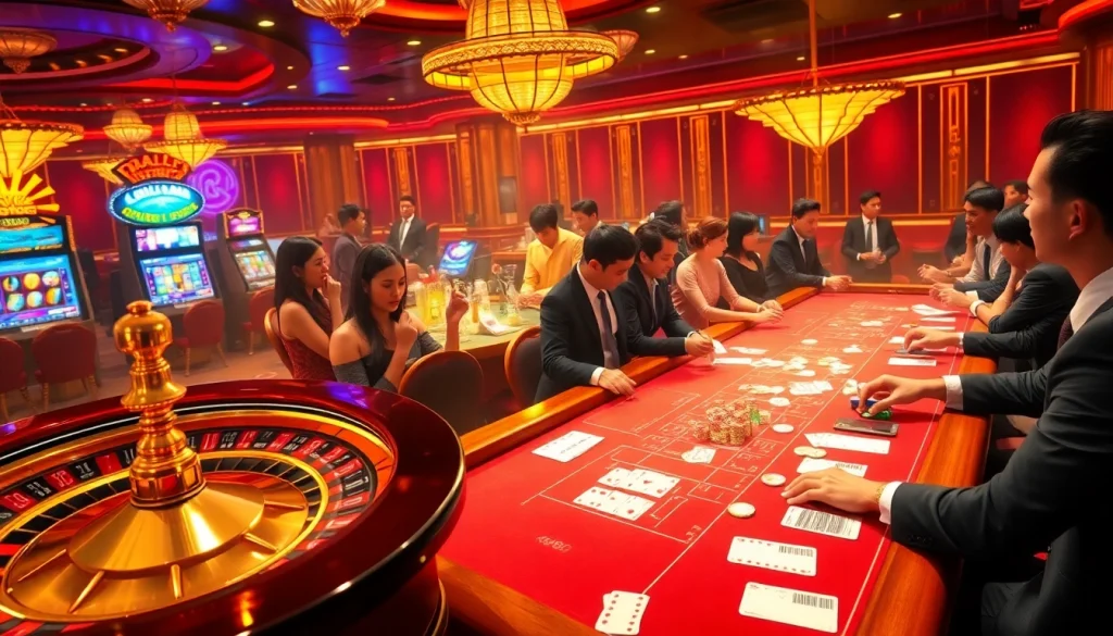 RR88 casino experience featuring vibrant poker tables, roulette wheel, and engaged gamblers.