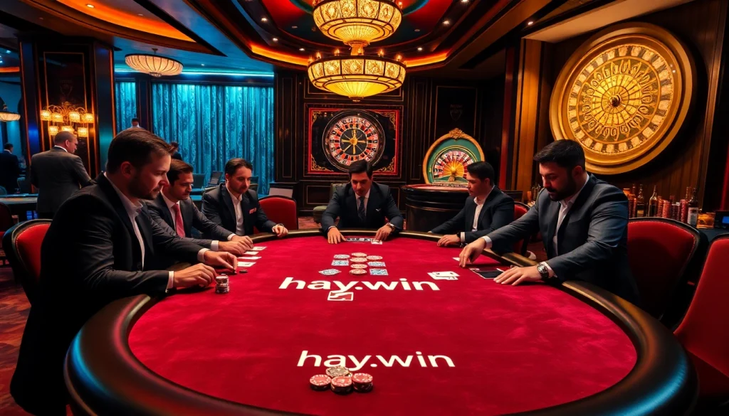 Experienced players enjoying high-stakes poker at hay.win casino with vibrant gaming elements.
