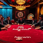 Experienced players enjoying high-stakes poker at hay.win casino with vibrant gaming elements.