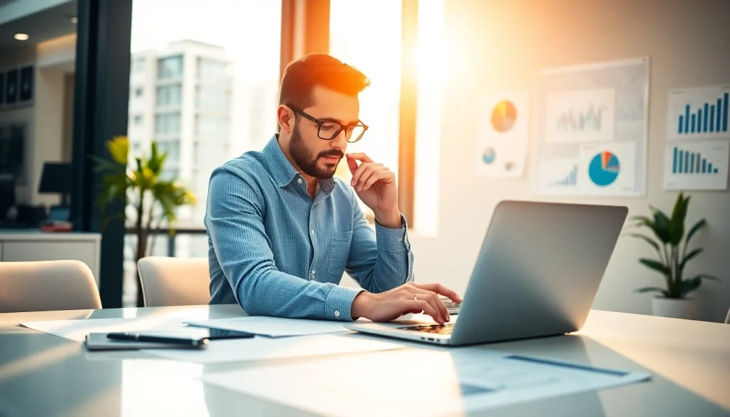 Showcase of search optimization services with a focused digital marketing consultant at a bright desk.