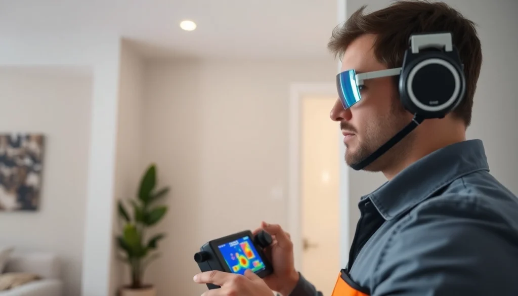 Water leak detection technician using thermal imaging to find leaks.