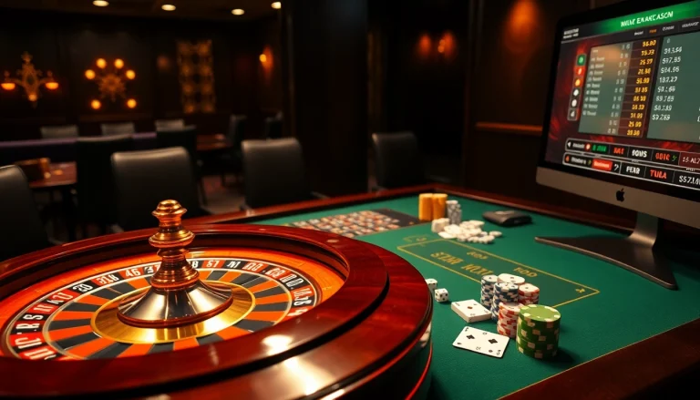 Engaging scene of professional gambling at https://mk8th.net/ with vibrant poker and roulette setup.