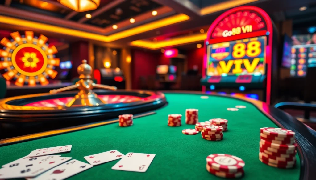 Experience the thrill of Go 88 VIP with an elegant poker table and vibrant casino atmosphere.
