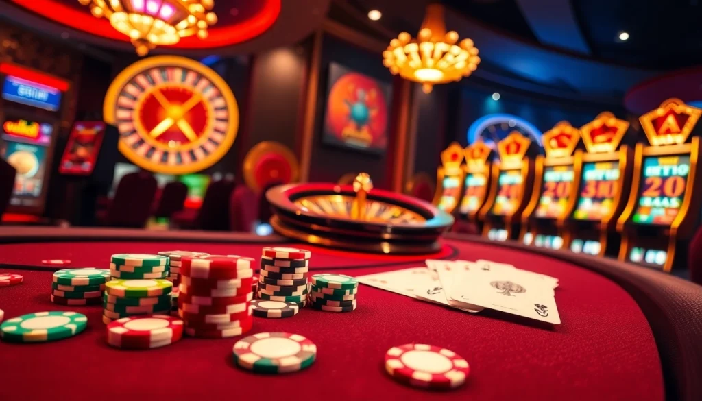 Experience the thrill of Vuabai9 at an upscale casino table featuring colorful chips, cards, and a roulette wheel.