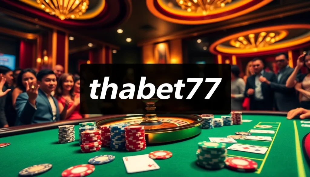Players enjoying thrilling games at thabet77 Casino, featuring poker chips and roulette.