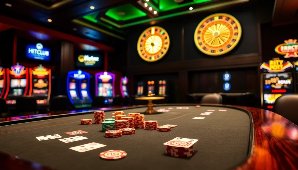 Experience HITCLUB's thrilling casino atmosphere with vibrant poker games and slot machines.