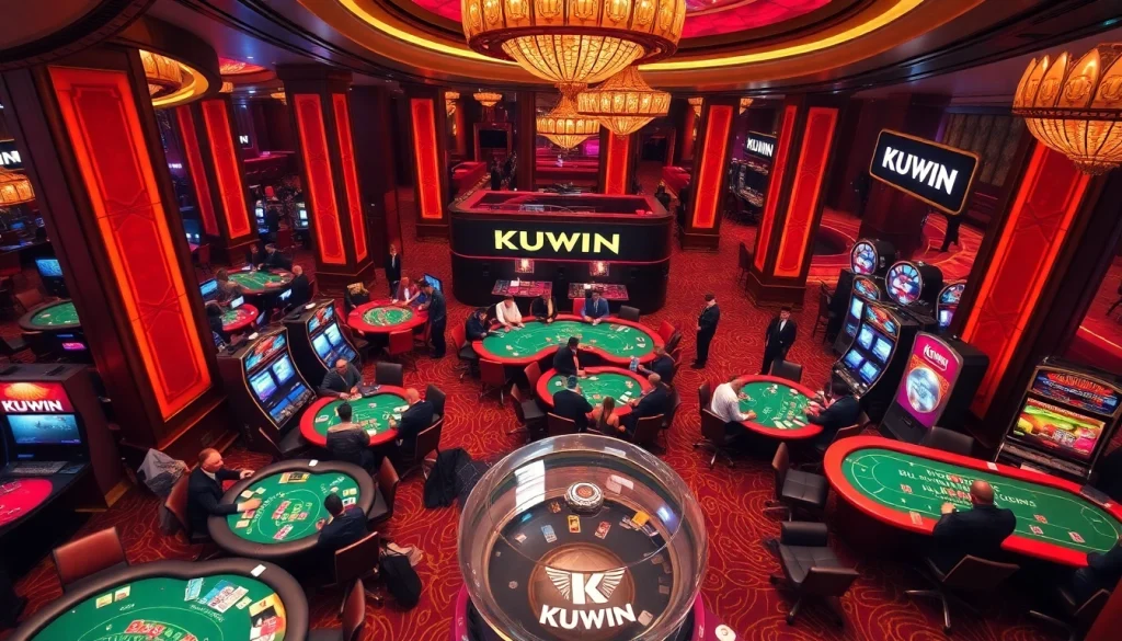 Players enjoy a thrilling casino experience at KUWIN with vibrant lights and diverse gambling options.