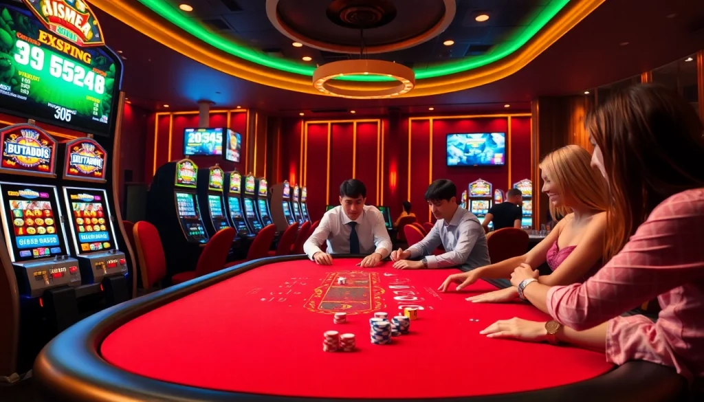 Engaged players enjoying poker and slot machines at OK365 com casino.