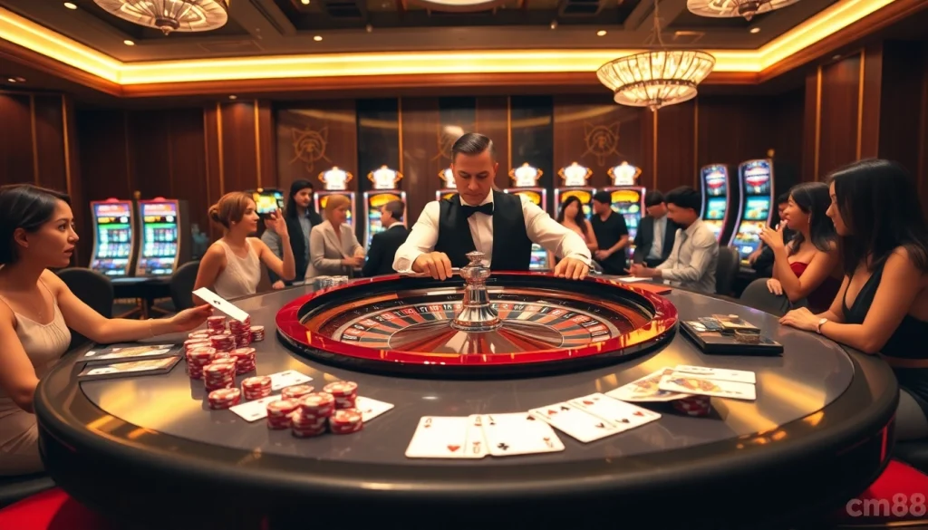 Experience the excitement of cm88 at a luxurious casino with a lively roulette table.