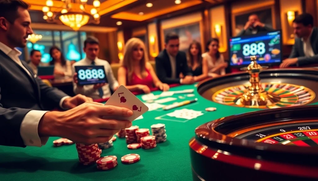 Players enjoying a thrilling game at 888new, featuring poker chips and roulette wheel in a luxurious casino setting.