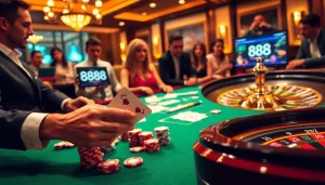 Players enjoying a thrilling game at 888new, featuring poker chips and roulette wheel in a luxurious casino setting.