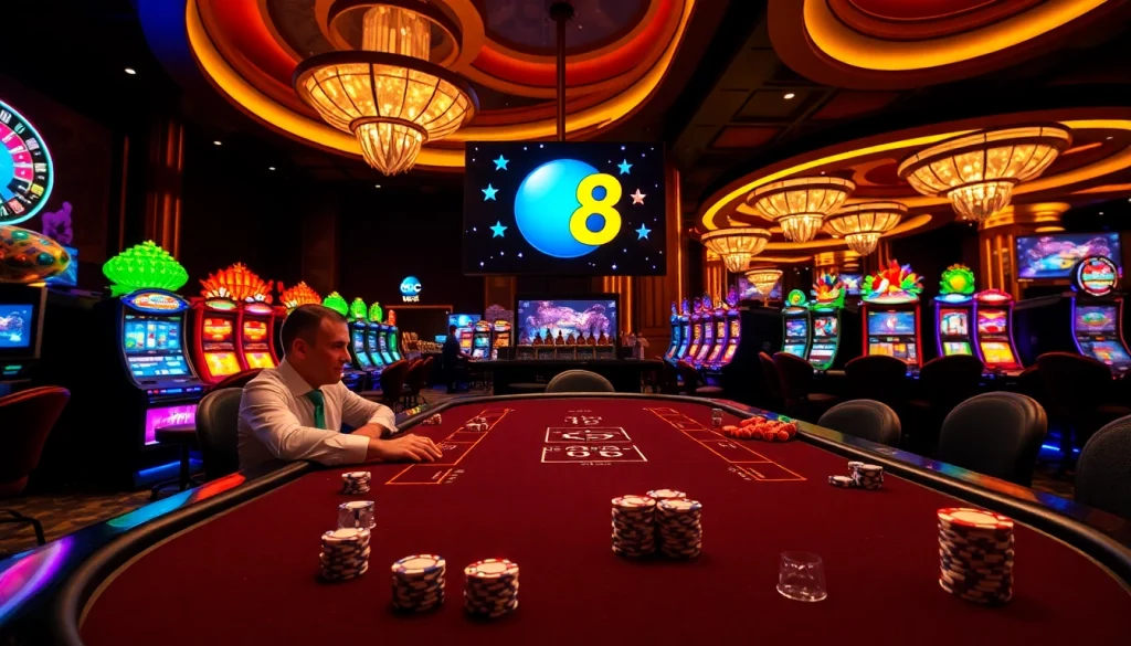 Action-packed scene at ABC 8 casino with poker players and vibrant slot machines.