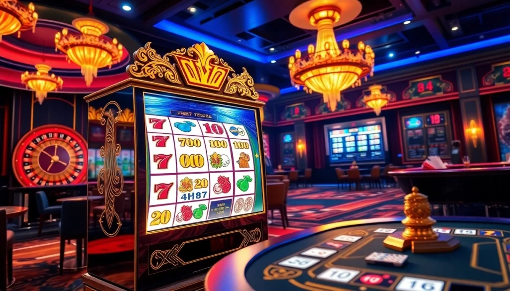 Spin the nổ hũ slot machine in this vibrant casino scene full of excitement and luxury.