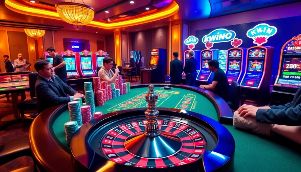 Betting excitement at https://kwin.bio/ with poker chips and roulette wheel shining in a luxurious casino setting.