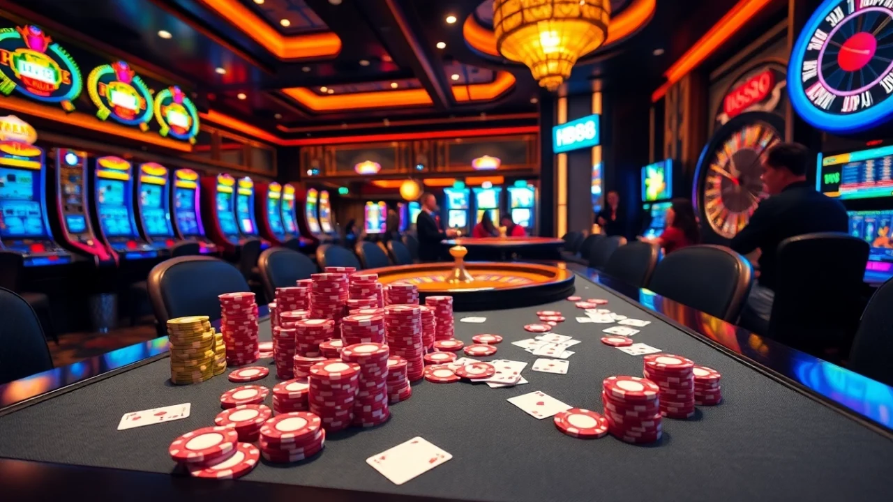 Players enjoying a thrilling HB88 casino experience at a vibrant table game.