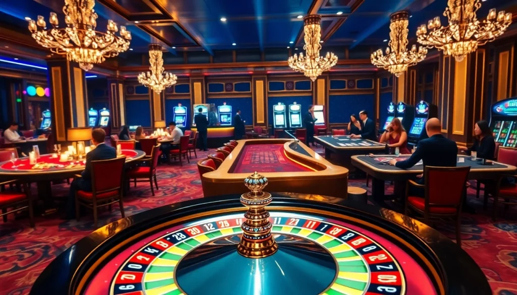 Experience the excitement of Luck8 casino with players at the roulette wheel and luxurious gaming tables.