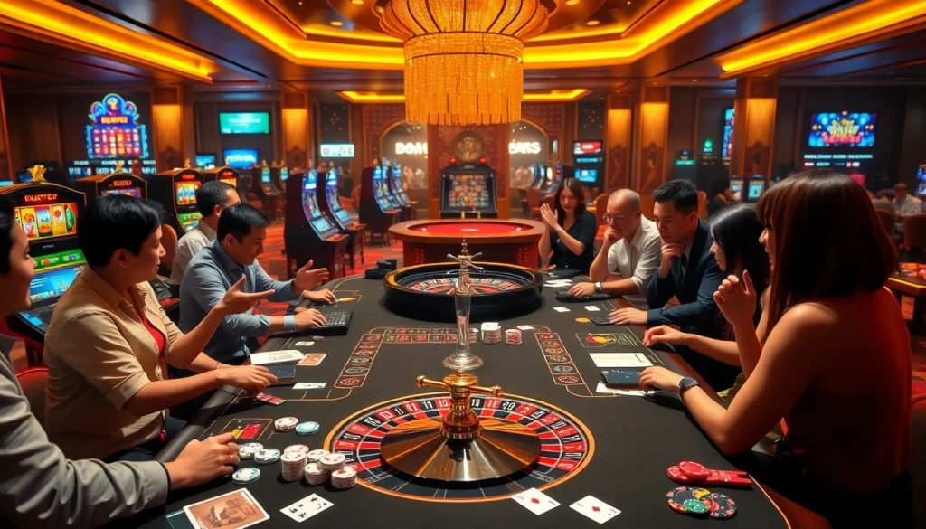Players enjoy high-stakes gaming at a luxurious casino featuring https://mb66-th.com/ with vibrant tables and slot machines.