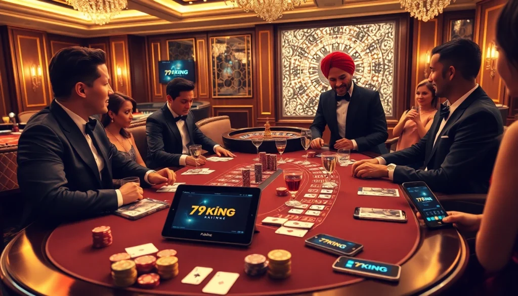 Players strategizing while playing 79KING poker at an opulent casino table, surrounded by roulette and chips.
