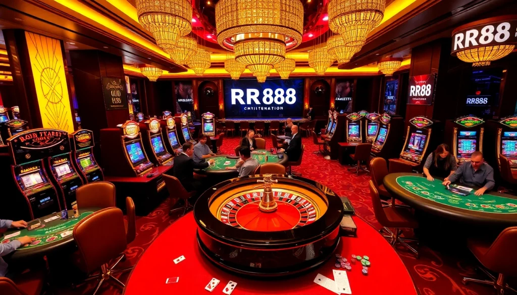Players enjoy gaming at RR88 casino with poker, roulette, and vibrant slot machines.