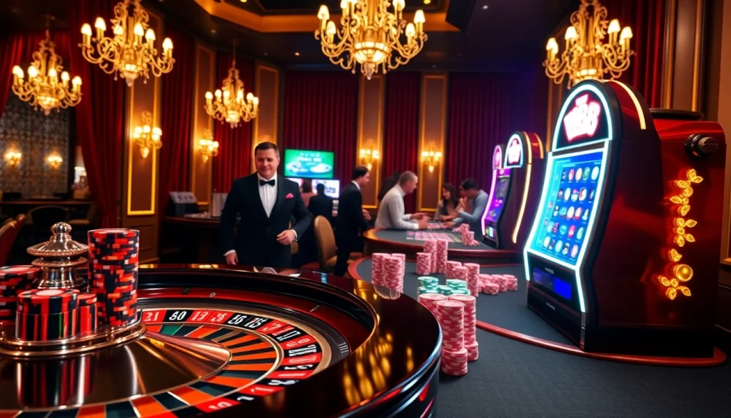 Experience the thrill of W88 with vibrant poker chips and a glamorous roulette table in a luxurious casino.