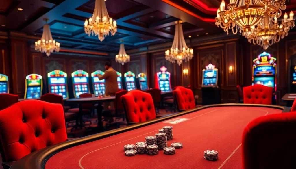 Engaging DH 88 casino scene with elegant gaming table, vibrant slot machines, and holographic betting.