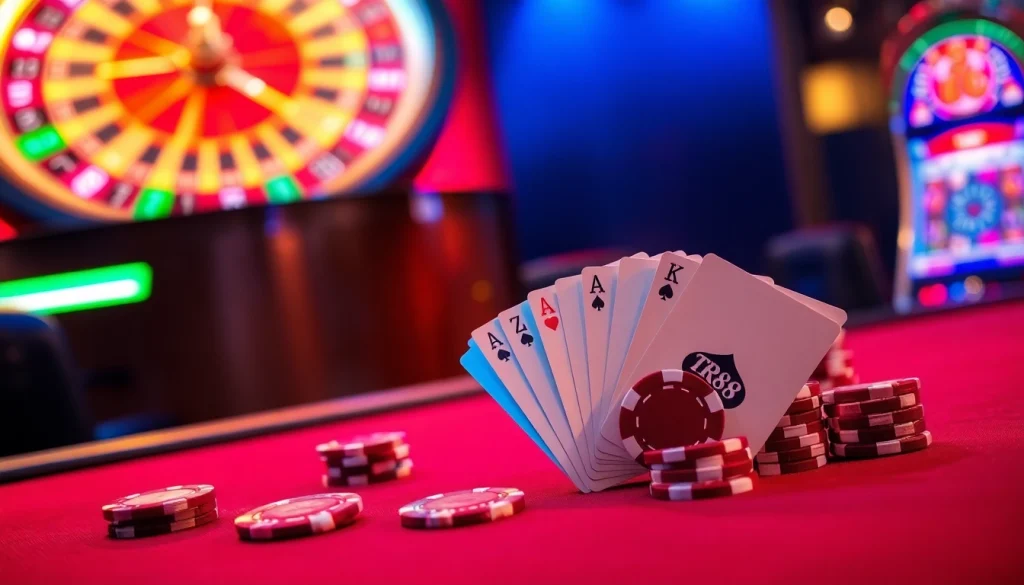 Experience thrilling gambling action with TR88-themed poker chips on a luxurious casino table.